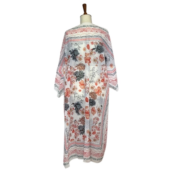 Boho Creamy White Floral Kimono Wrap Beach Coverup - Picture 12 of 16